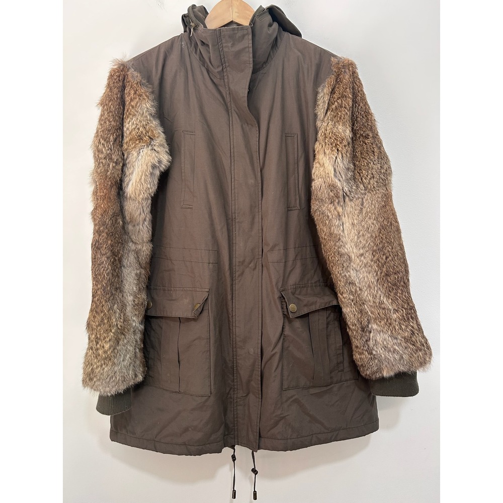 AQUA Womens Olive Brown Parka Jacket Genuine Rabbit Fur Sleeves Hooded Sz L